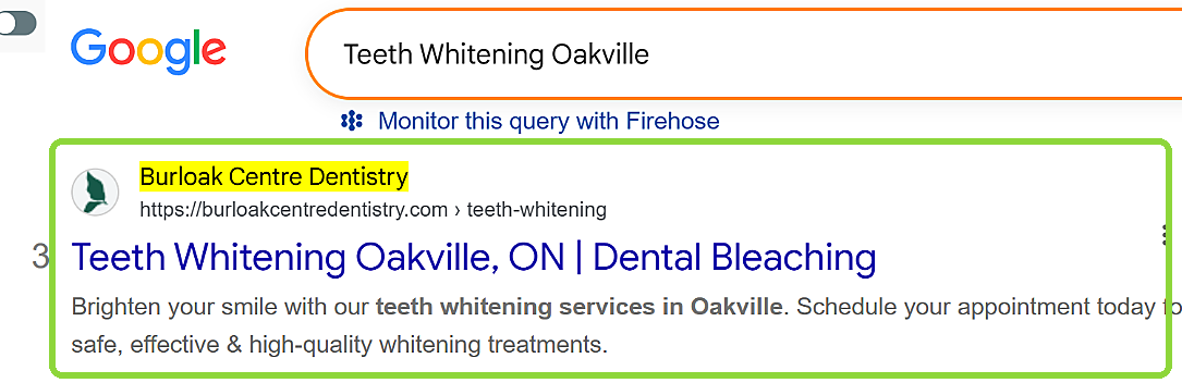 Google search for Teeth Whitening Oakville: Burloak Centre Dentistry is result number 3