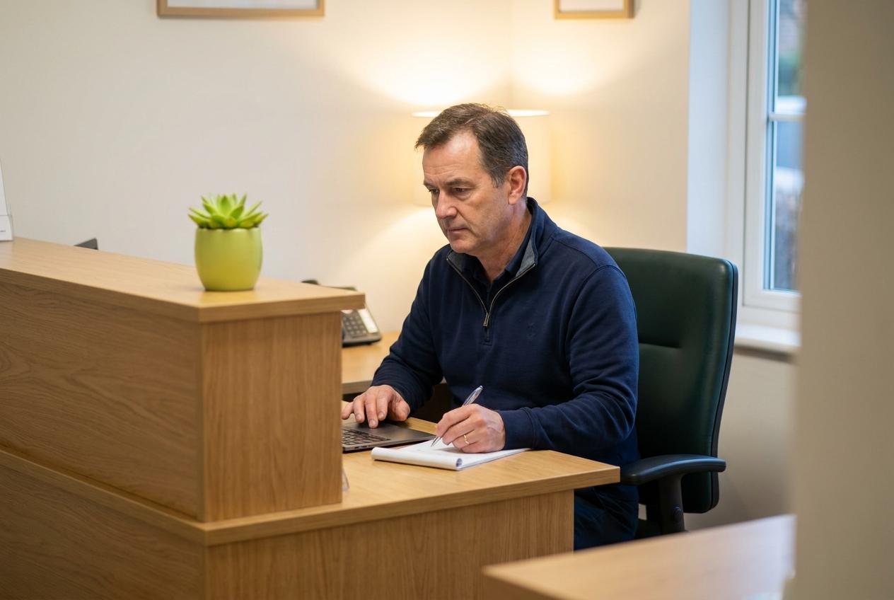 A clinic owner running a check on his laptop after hours and taking notes