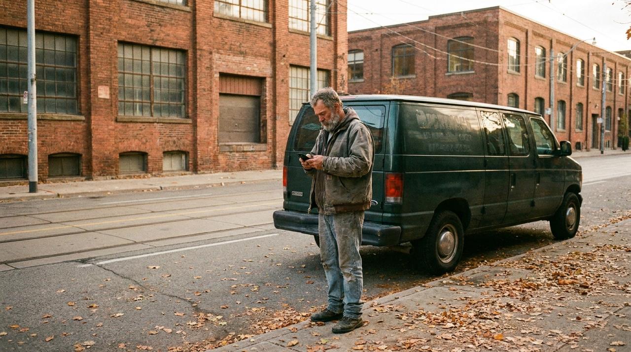 A Toronto tradesman on King Street West checking his phone beside his work van, the kind of owner who searches for the best SEO in Toronto
