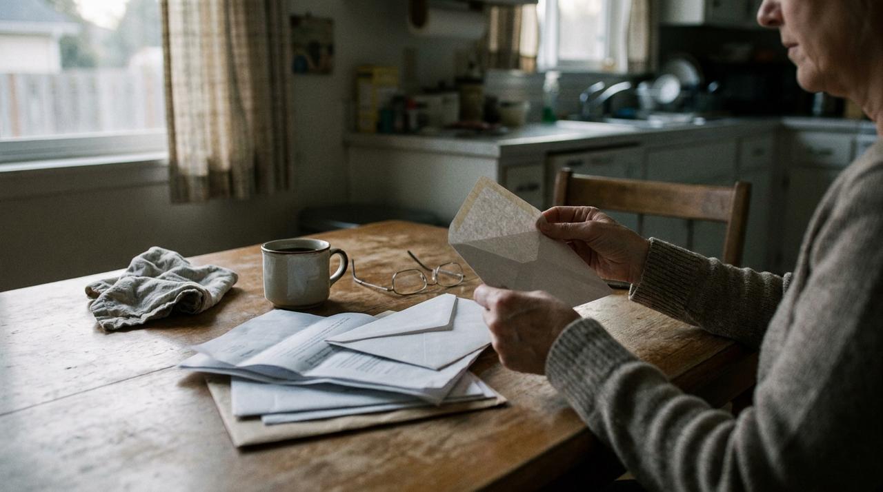 An opened letter and a pile of bills on a kitchen table