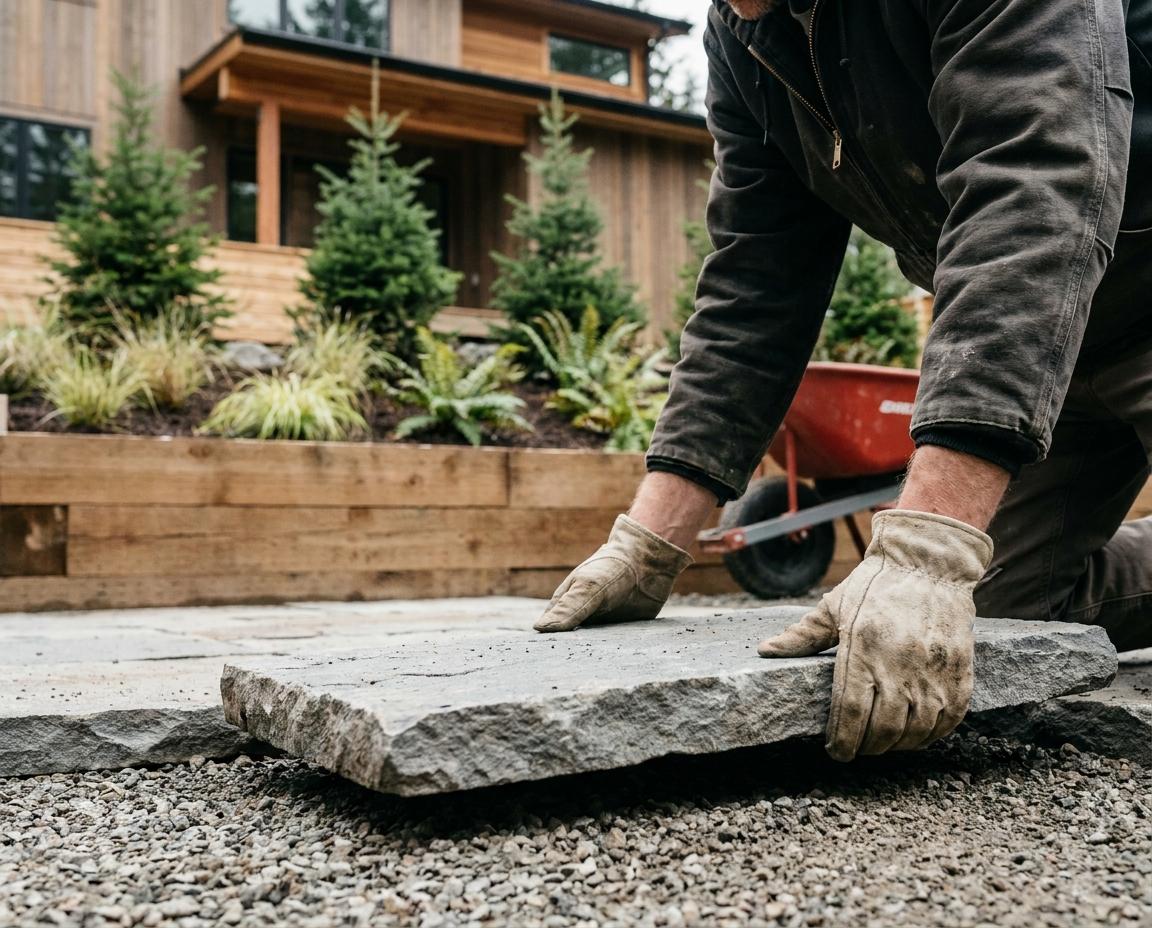 Close up of a landscaper's gloved hands setting a large grey flagstone on gravel for a new backyard patio, timber retaining wall and fresh planting beds behind