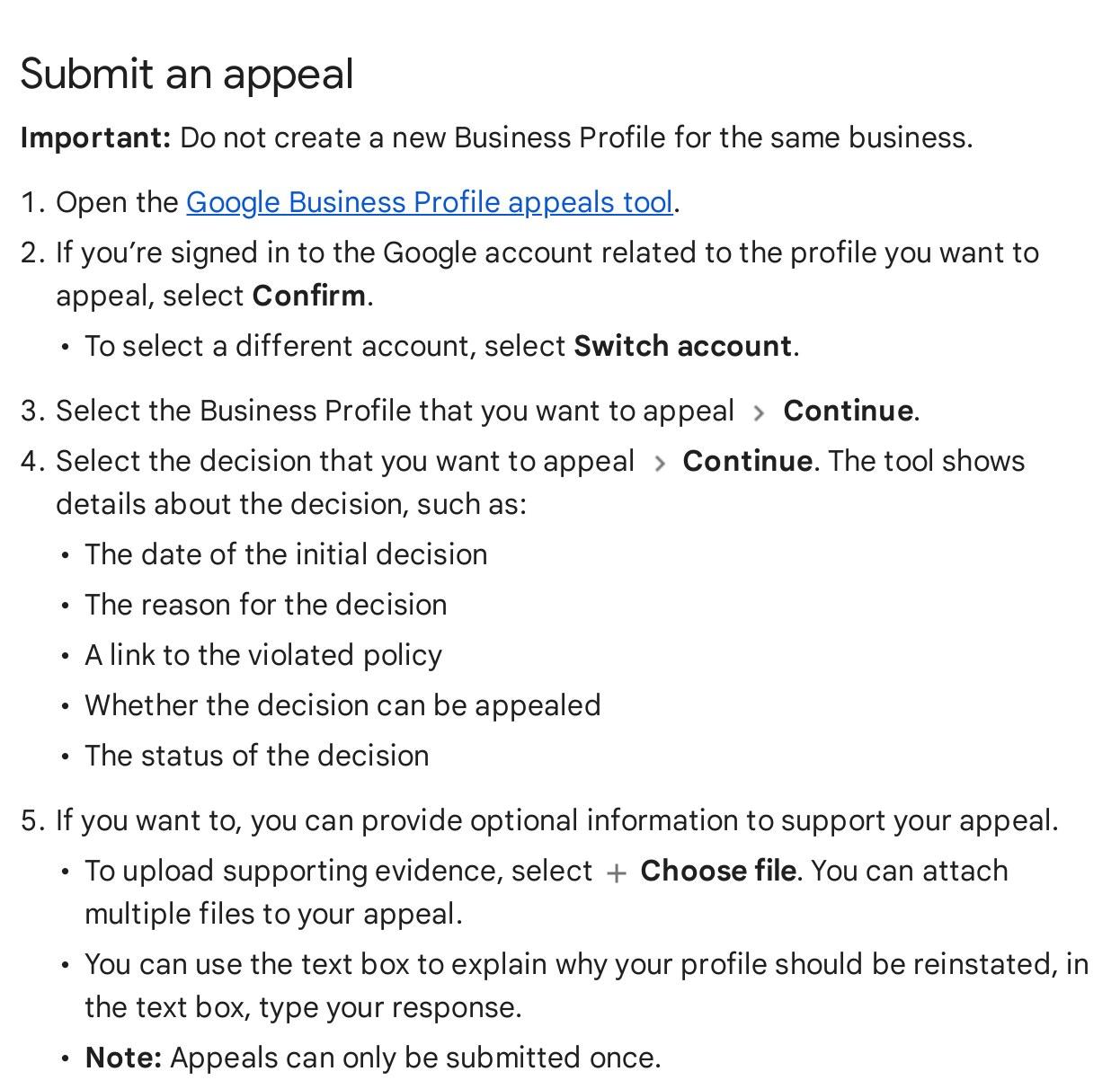 Google Business Profile Help page, Submit an appeal: do not create a new Business Profile for the same business, steps one to five, and the note that appeals can only be submitted once