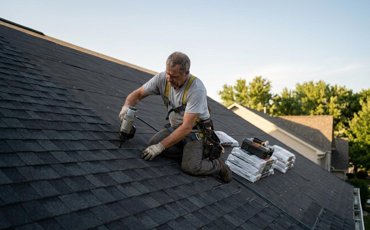 A roofer in a safety harness kneels on a house roof, nailing new charcoal asphalt shingles in rows on a summer afternoon