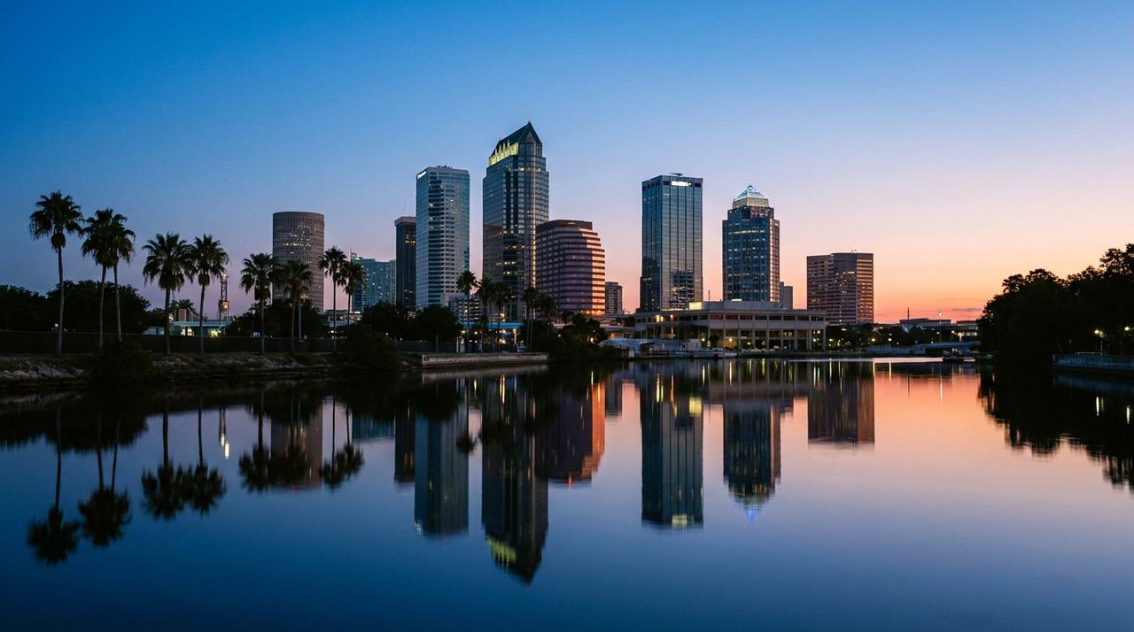 Downtown Tampa skyline at blue hour across the Hillsborough River