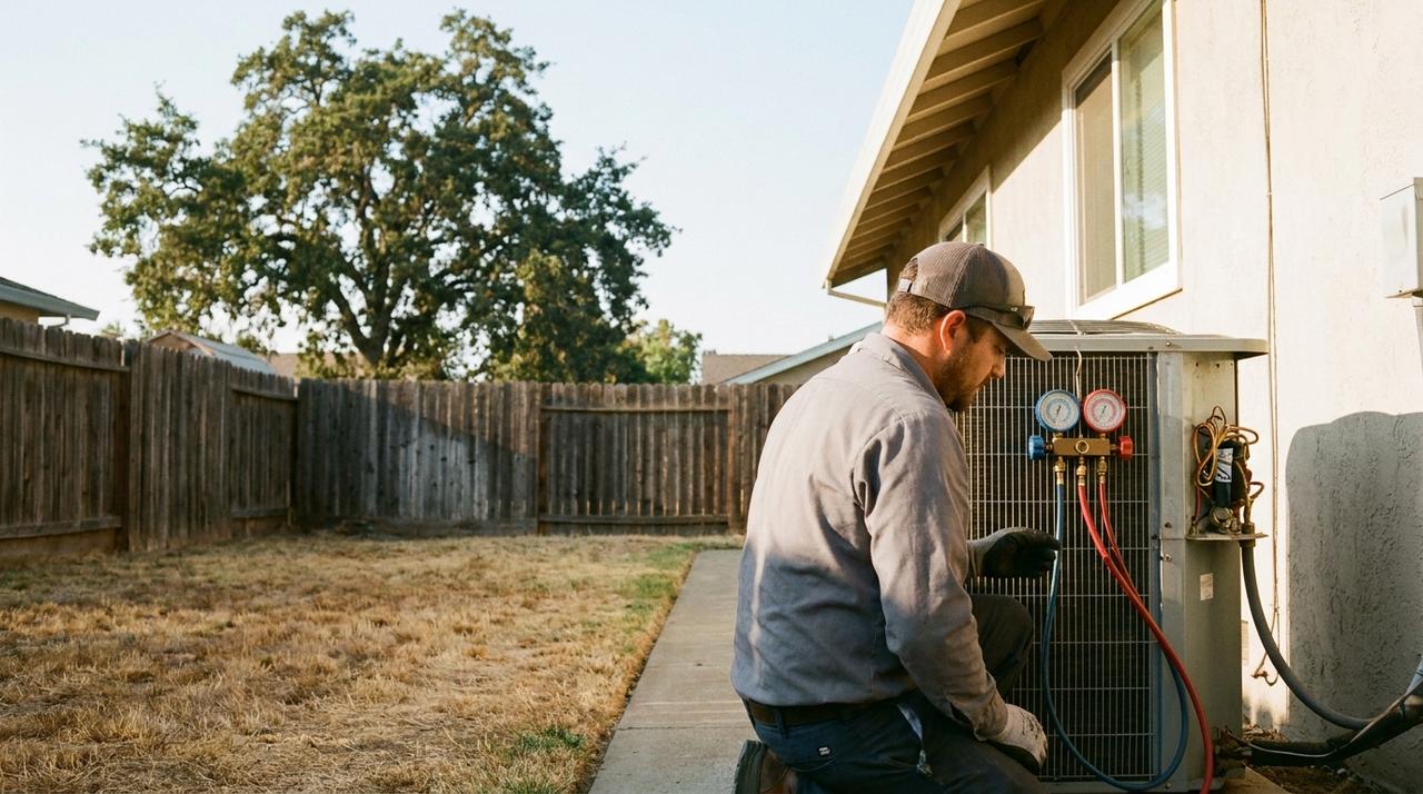 An HVAC technician kneels beside a home air conditioning unit with gauges connected in a Sacramento backyard