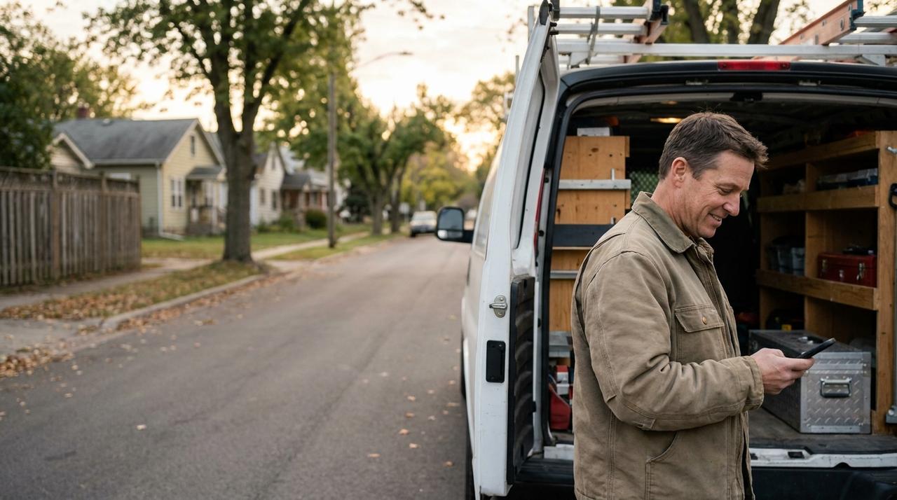 A trades business owner checking a new job request on his phone beside his service van