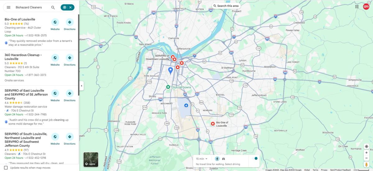 Full Google Maps view of Louisville for biohazard cleaners with 360 Hazardous Cleanup second in the list