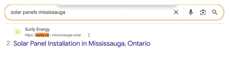 Google result 2: Sunly Energy for solar panels mississauga