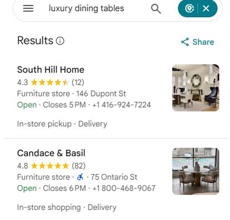 Google Maps list for luxury dining tables with Candace and Basil second