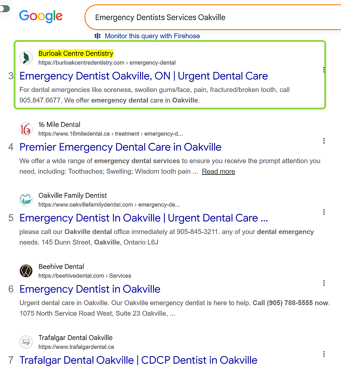 Google result showing Burloak Centre Dentistry third for emergency dentists services Oakville