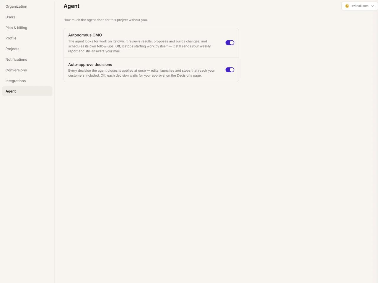 Settings, Agent: Autonomous CMO and auto-approve both switched on
