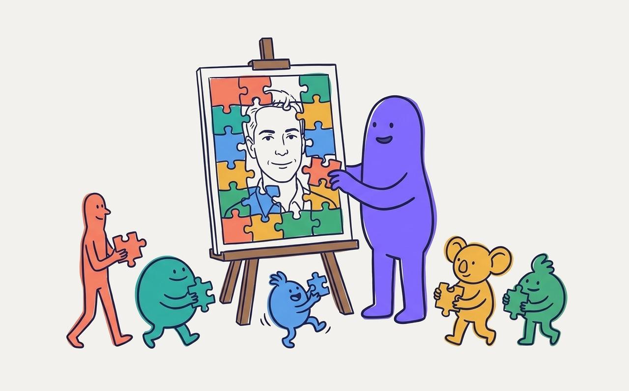 The AI CMO and its team putting together one customer's portrait from puzzle pieces