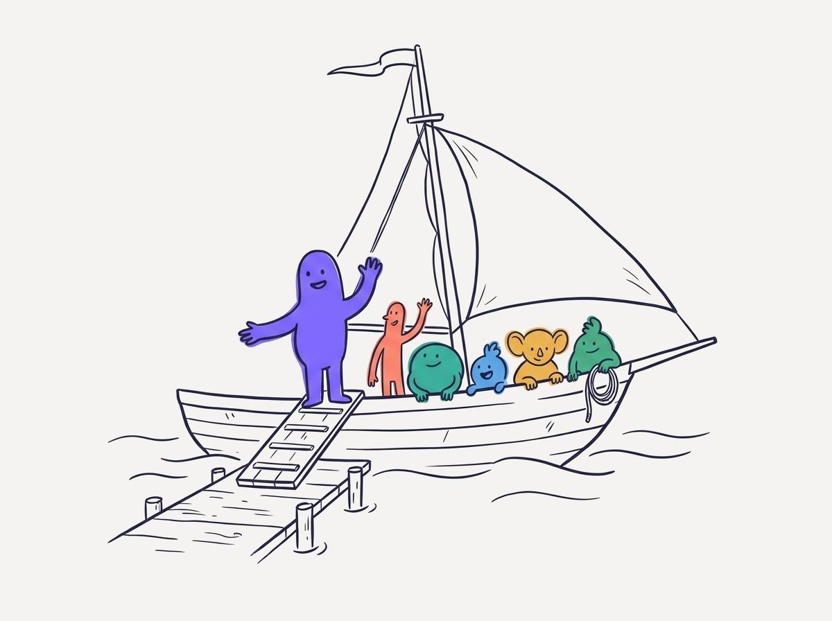 The AI CMO and its crew wave from a ship, with the gangway down to an empty pier