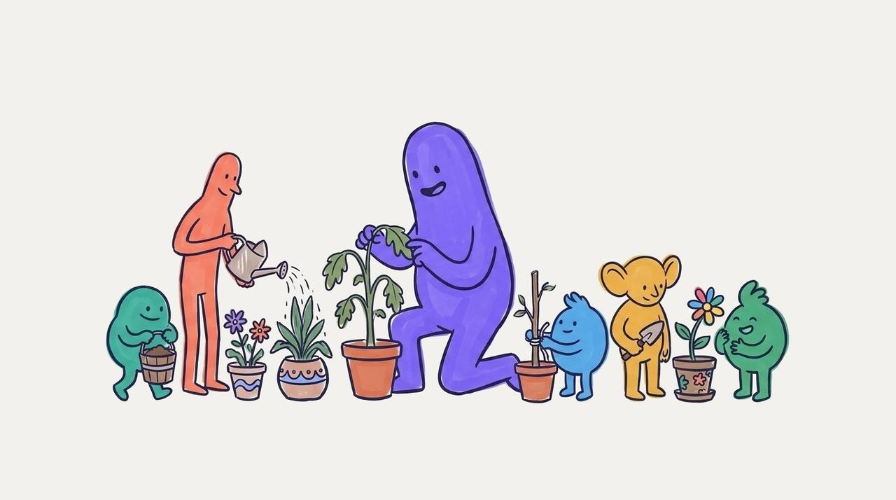 The AI CMO and its team of agents tending a row of plants, each plant looked after one by one