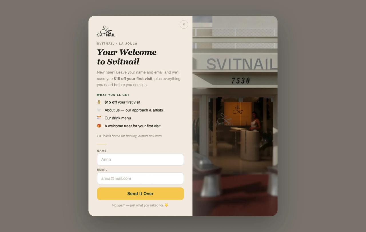 The welcome popup: the studio's logo, a photo of the storefront, what you get, name and email