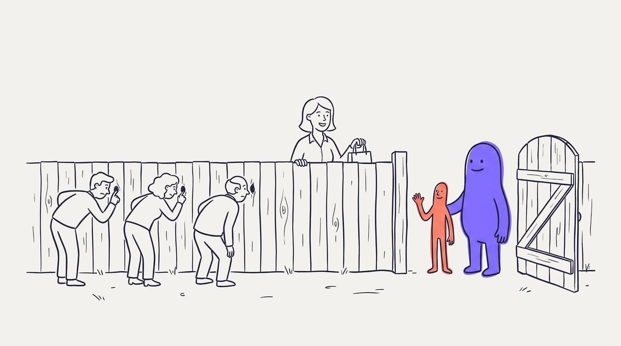 Three people peek through separate knotholes in a fence, each seeing a piece of one customer, while the AI CMO greets her face to face