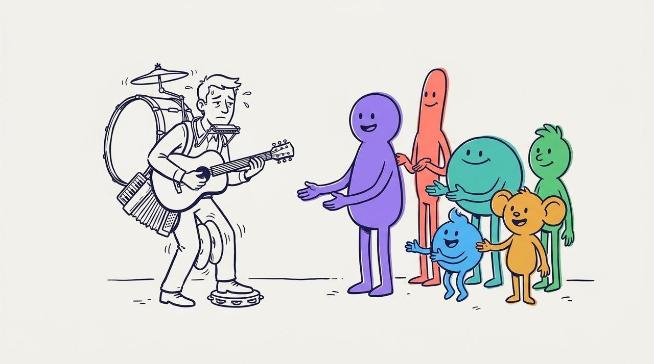 An owner plays every instrument of a one-man band at once while the AI CMO and its team hold out their hands to take them