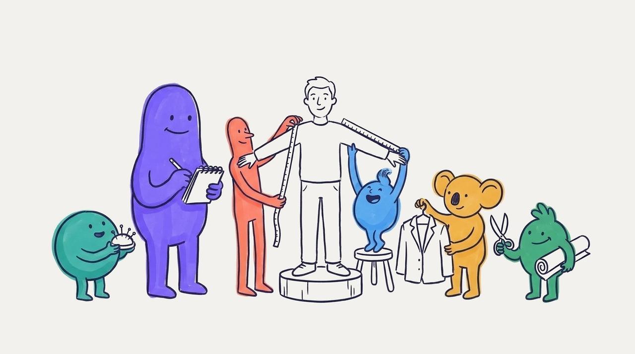 A tailor's workshop: the team measures one customer for a coat made to fit, while the AI CMO writes the measurements down