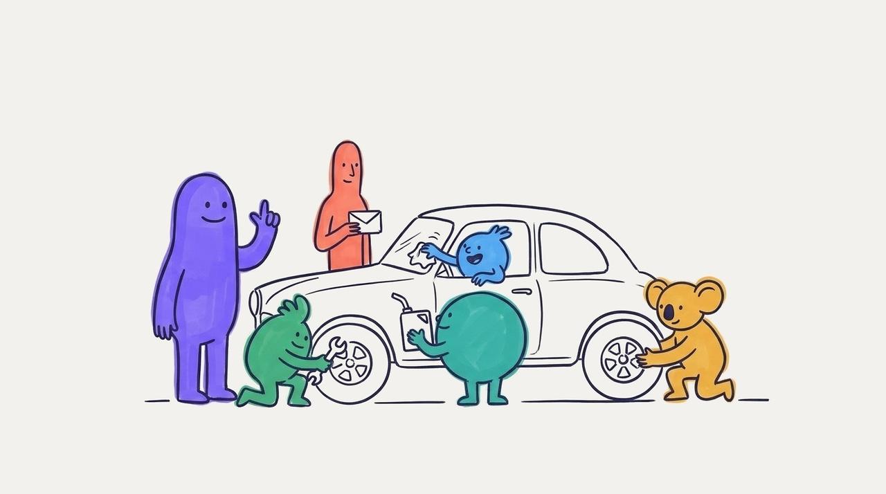 A pit crew at work: the AI CMO gives the go signal while each agent does its own job on the car, one on each wheel, one with fuel, one at the windscreen, one with an email