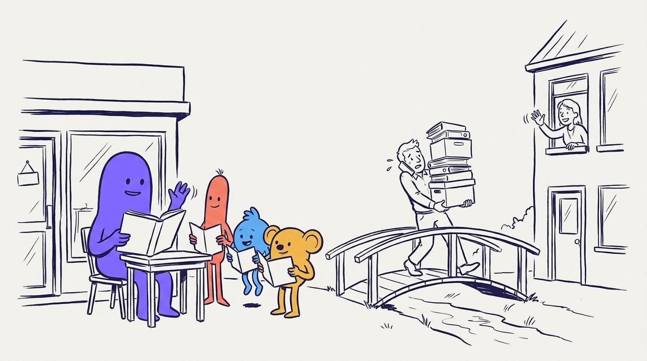 An owner carries a tall stack of folders across a footbridge to an office, while the AI CMO and its team already read the open ledger at the shop