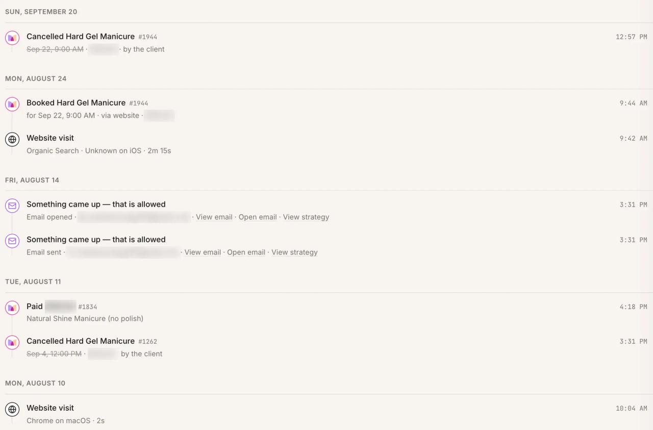 One client's timeline: a site visit, a booking, the letter she opened, the receipt, a cancellation