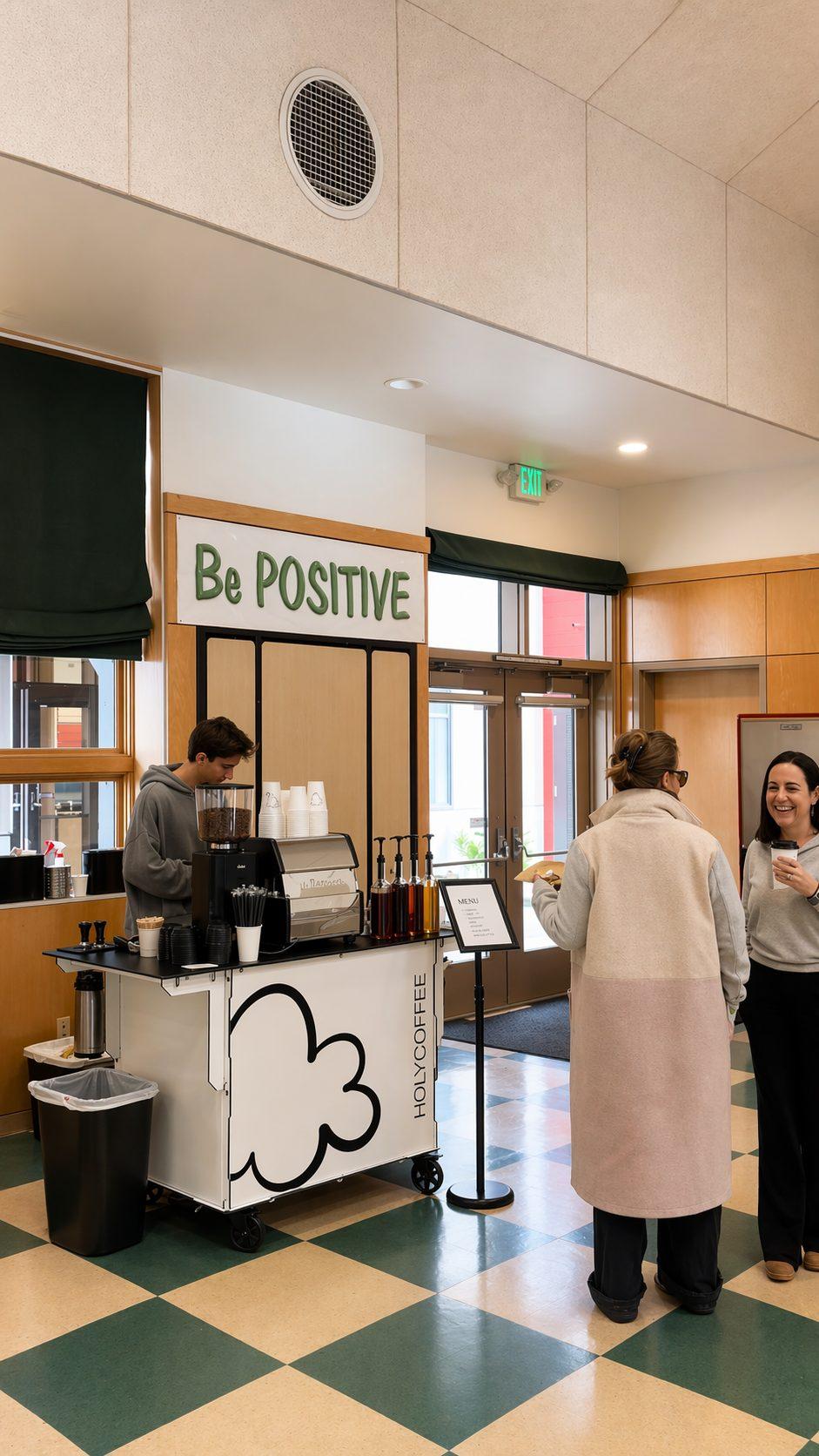 Guests lining up at the Holy Coffee cart in an indoor lobby