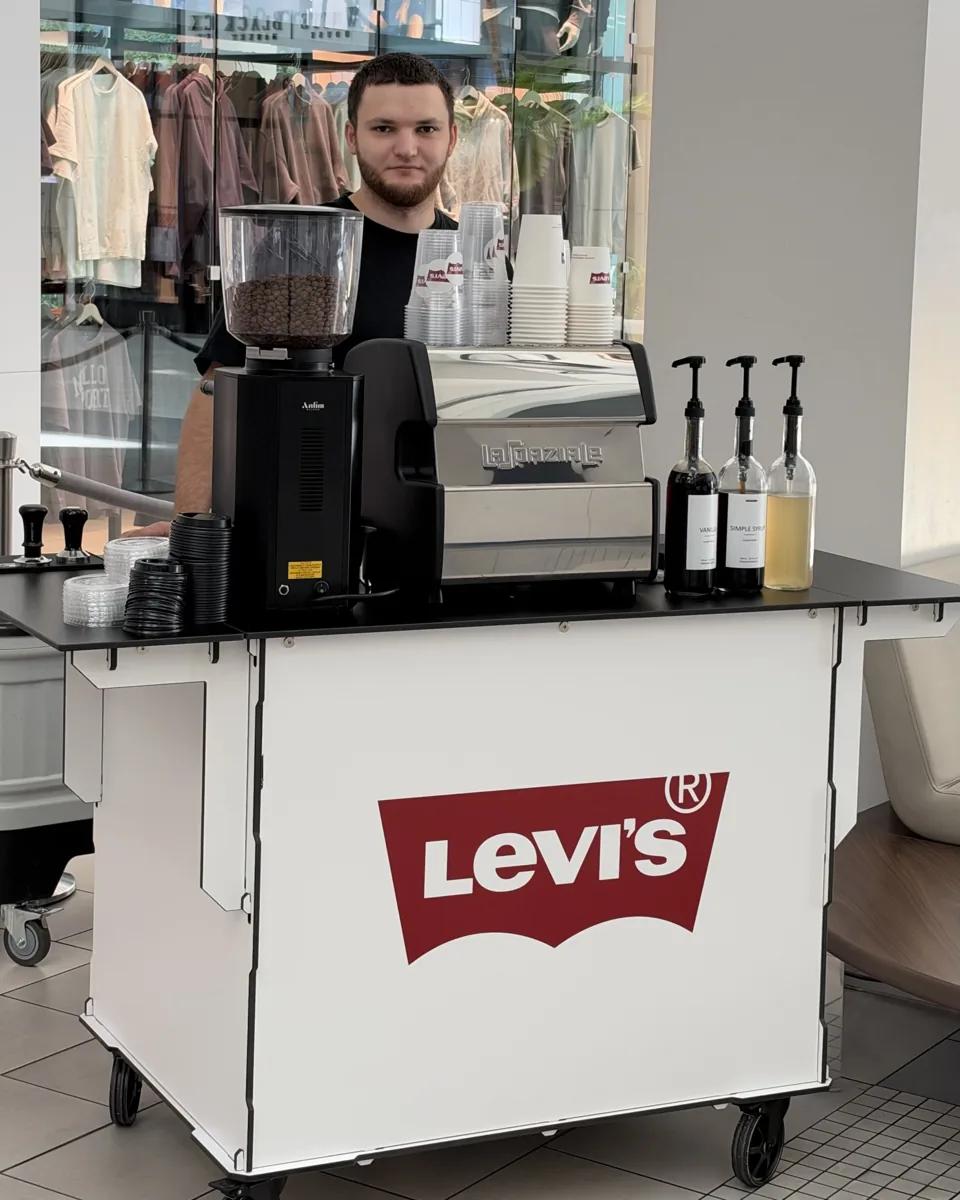 Holy Coffee Cart espresso bar branded with the Levi's logo at the Levi's store opening, Arden Fair, Sacramento