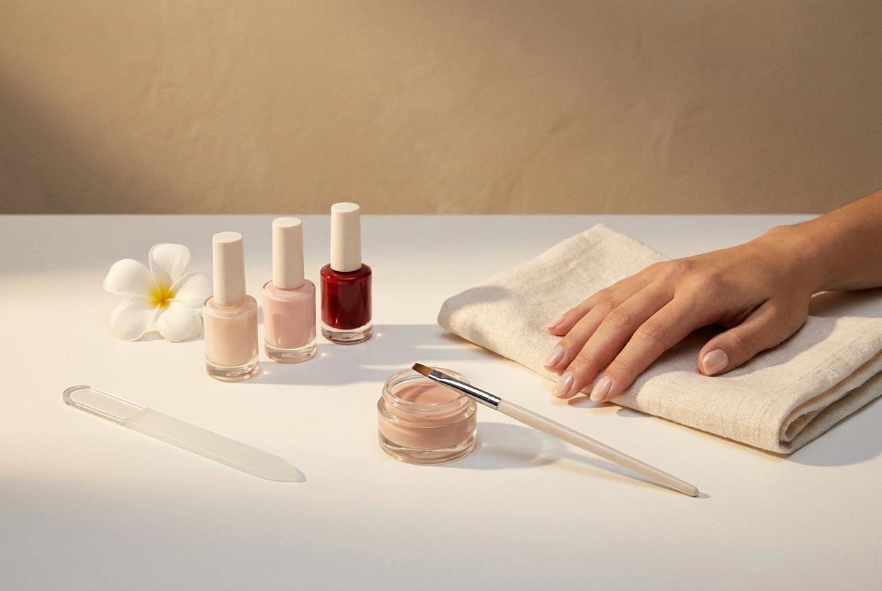 Manicures in San Diego: nude, blush and red polish bottles, a pot of builder gel with a brush, a glass file, plumeria and a hand with a milky-nude manicure on a linen towel