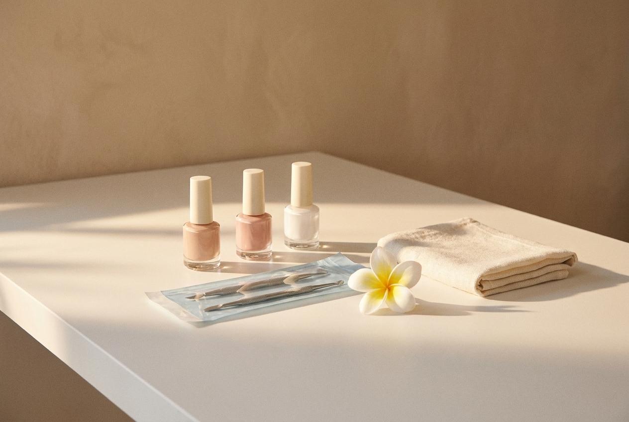 Non-toxic nail salon in San Diego: HEMA-free gel bottles, a sealed sterile tool pouch, a plumeria and a linen towel on a white table