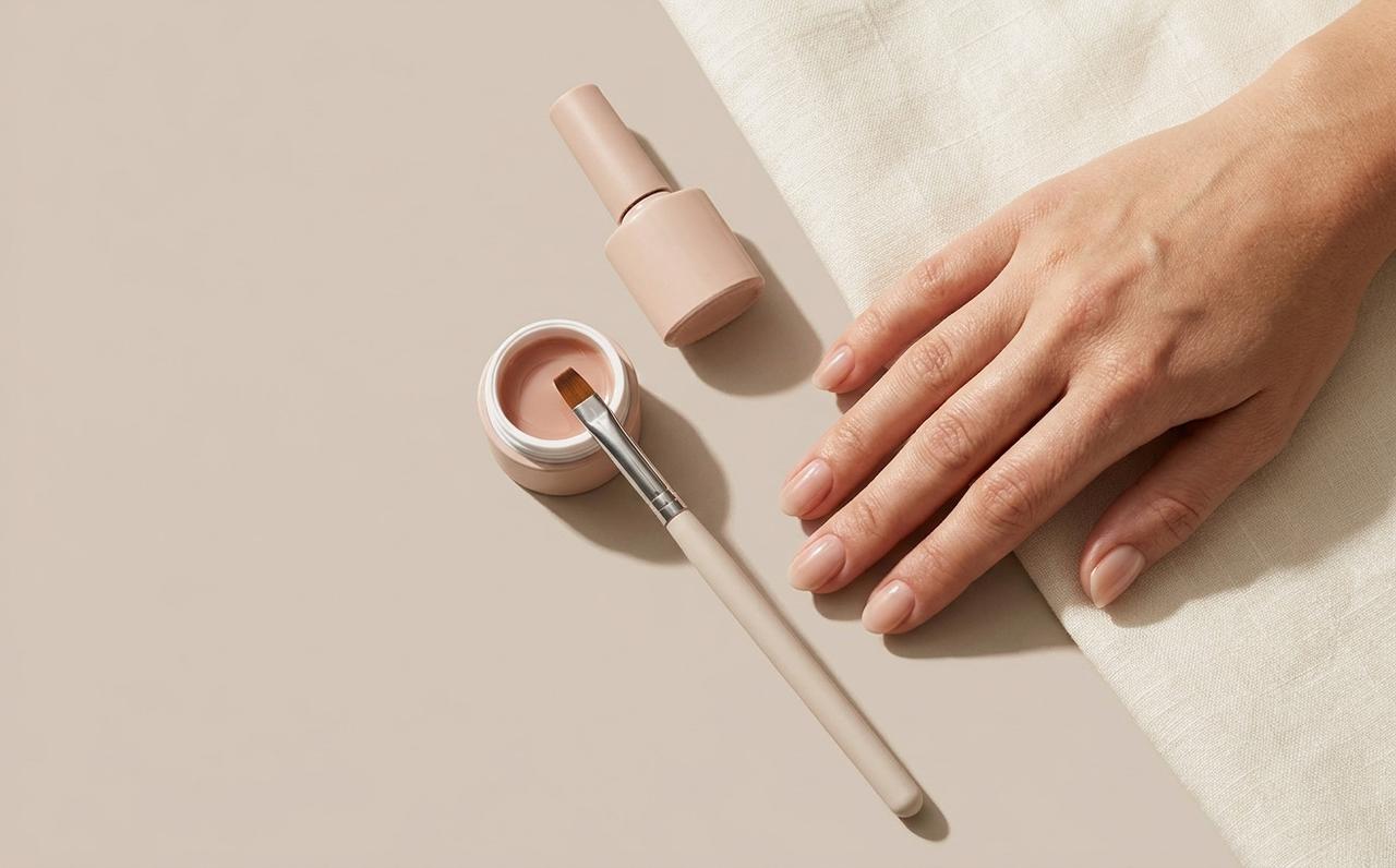 Hand with a nude hard gel manicure beside a pot of builder gel and a brush