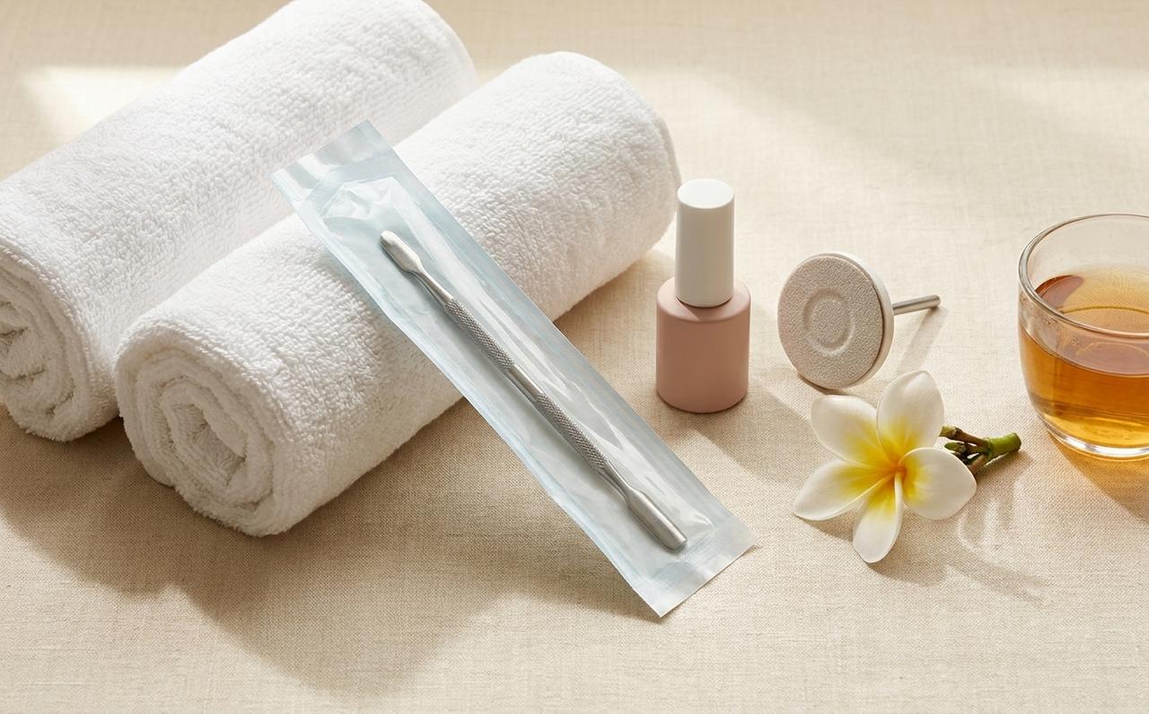 Waterless pedicure in San Diego: rolled towels, a sterile sealed tool pouch, a polish bottle, a pododisc and plumeria